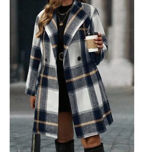 Plus Plaid Print Double Breasted Thigh length Jacket coat
